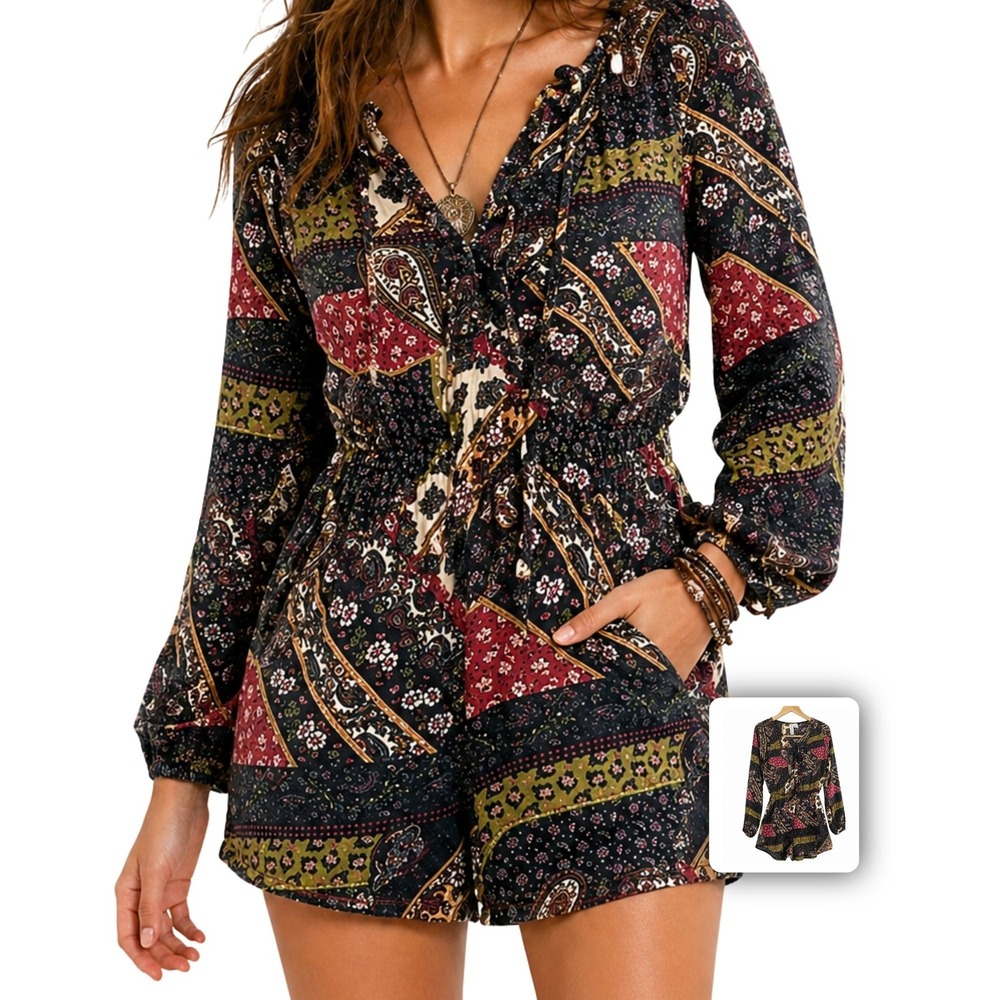 Mimi Chica Romper Boho Paisley Patchwork Tie Front Flowy Vacation M‎